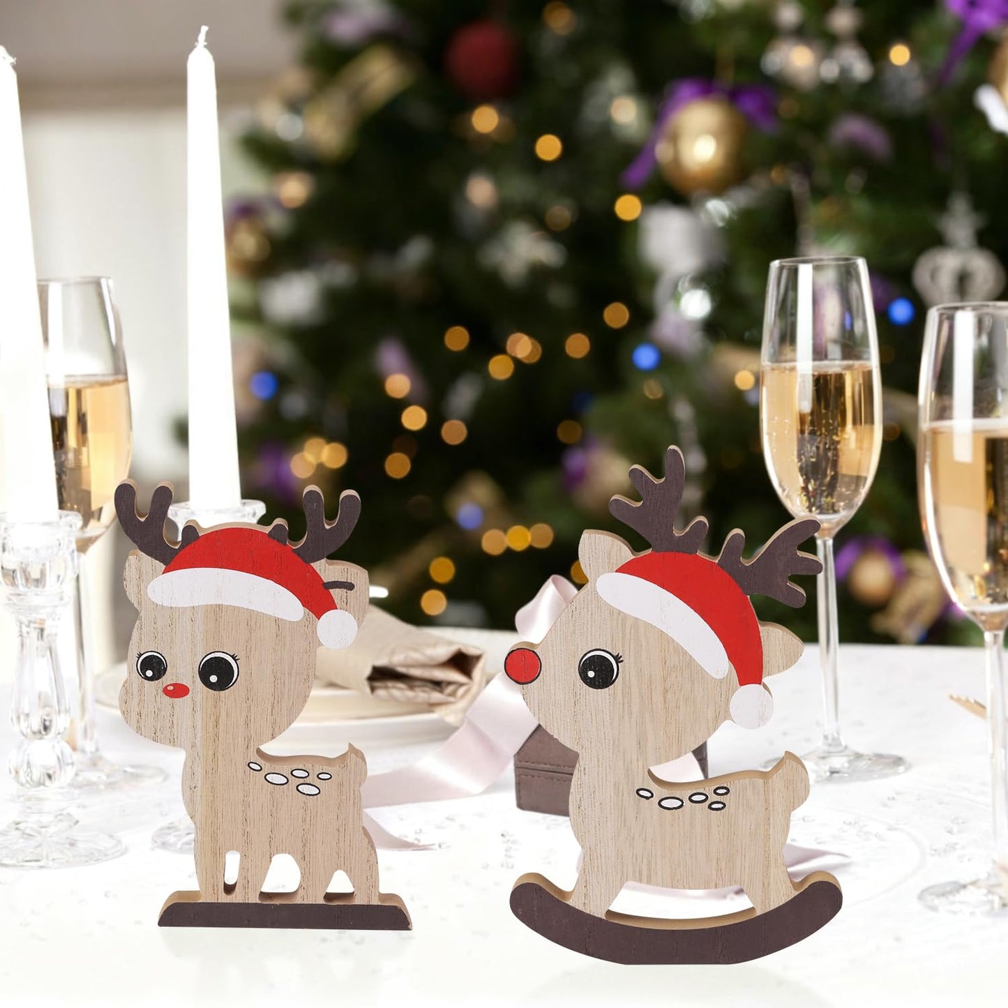 LOMIMOS 5 PCS Cute Christmas Tiered Tray Decor Indoor,Tabletop Reindeer Christmas Decoration Wood Sign Centerpiece Rustic Tabletop Decor for Xmas Winter Holiday Home Mantel Office Display