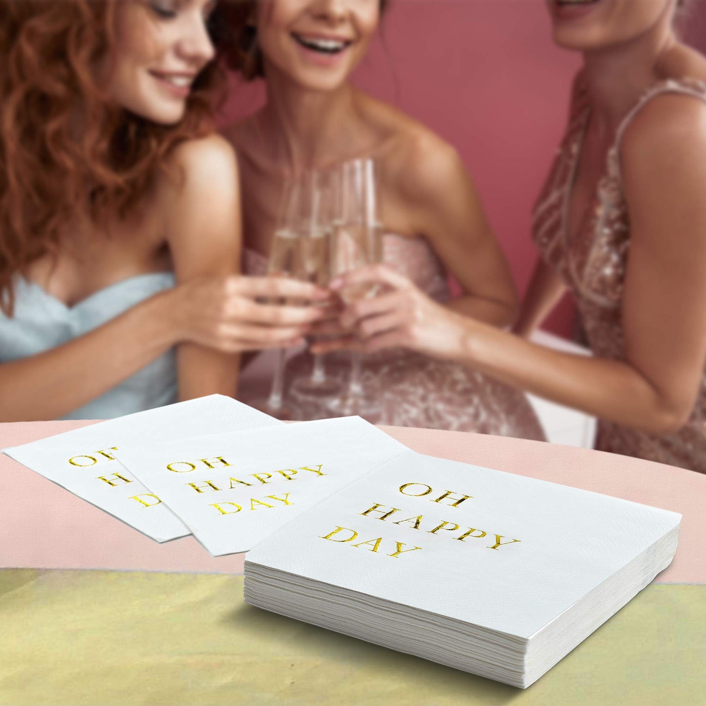 Oh Happy Day Cocktail Napkins - Gold Foil 3-Ply Disposable Napkins for Weddings, Engagements, Bridal Showers, Baby Showers, Birthdays, Anniversaries & Happy Celebrations