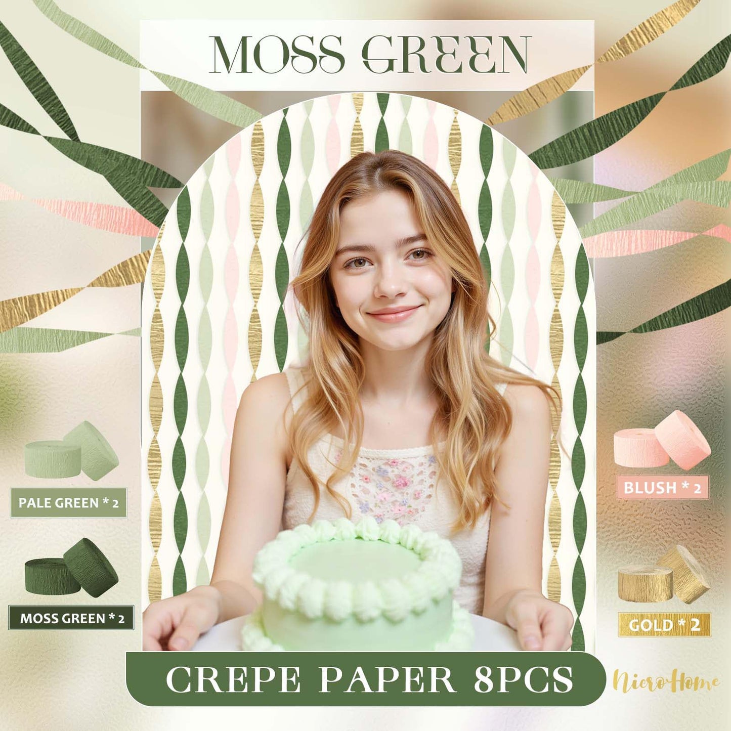 NICROHOME EUR Wedding Party Decorations, 8 Rolls Moss Sage Green Pink Crepe Paper Streamers for Boho Baby Shower, Wedding, Engagement Party, Spring Party, Birthday Party Supplies, 82 ft Long