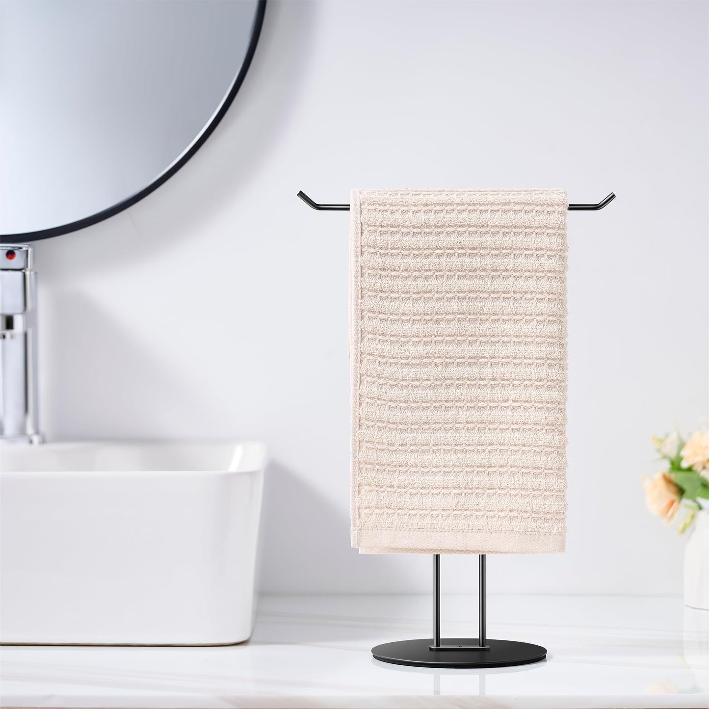 T-Shaped Hand Towel Holder Stand – Countertop Stainless Steel Towel Rack with Non-Slip Base for Bathroom, Kitchen, Vanity, Matte Black
