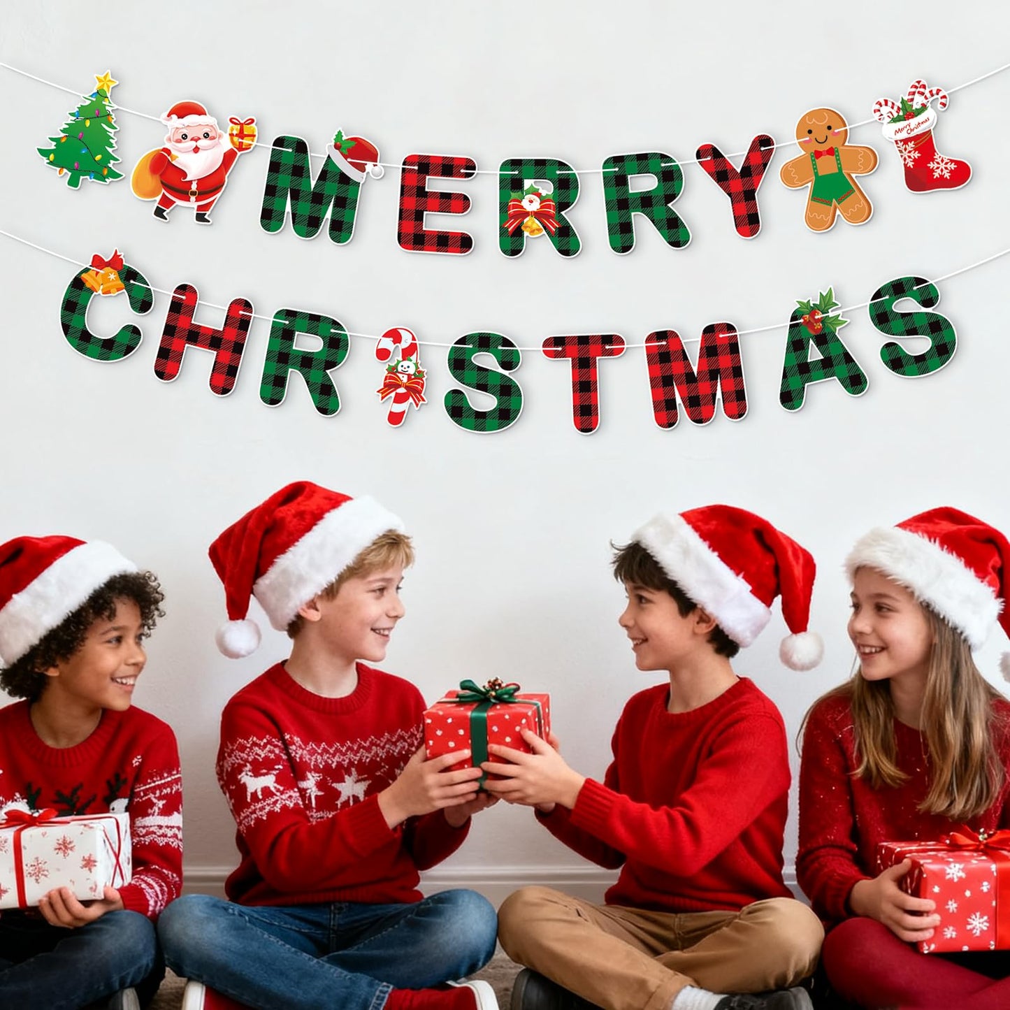 Merry Christmas Banner,Pre-Strung Red Green Buffalo Plaid Christmas Banner, Gingerbread Xmas Tree Garland Sign for Christmas Party Decorations,Indoor,Home, Office,Fireplace,Wall,Windows,Holiday Decor