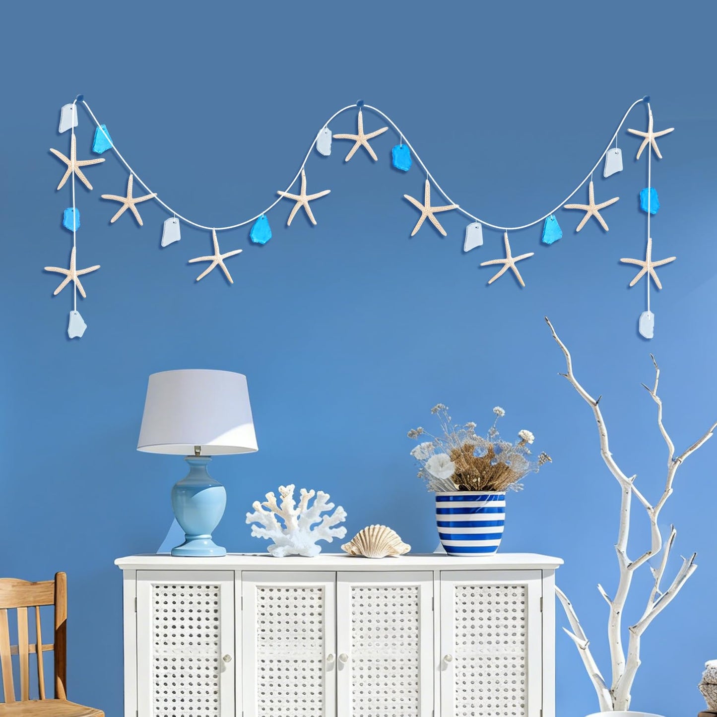 Starfish Sea Glass Garland 6.56ft, Natural Starfish & Frosted Sea Glass Beach Wedding Decor, Coastal Wall Art for Living Room Bathroom, Indoor Outdoor Home Decor, Mermaid Under The Sea Party Decor