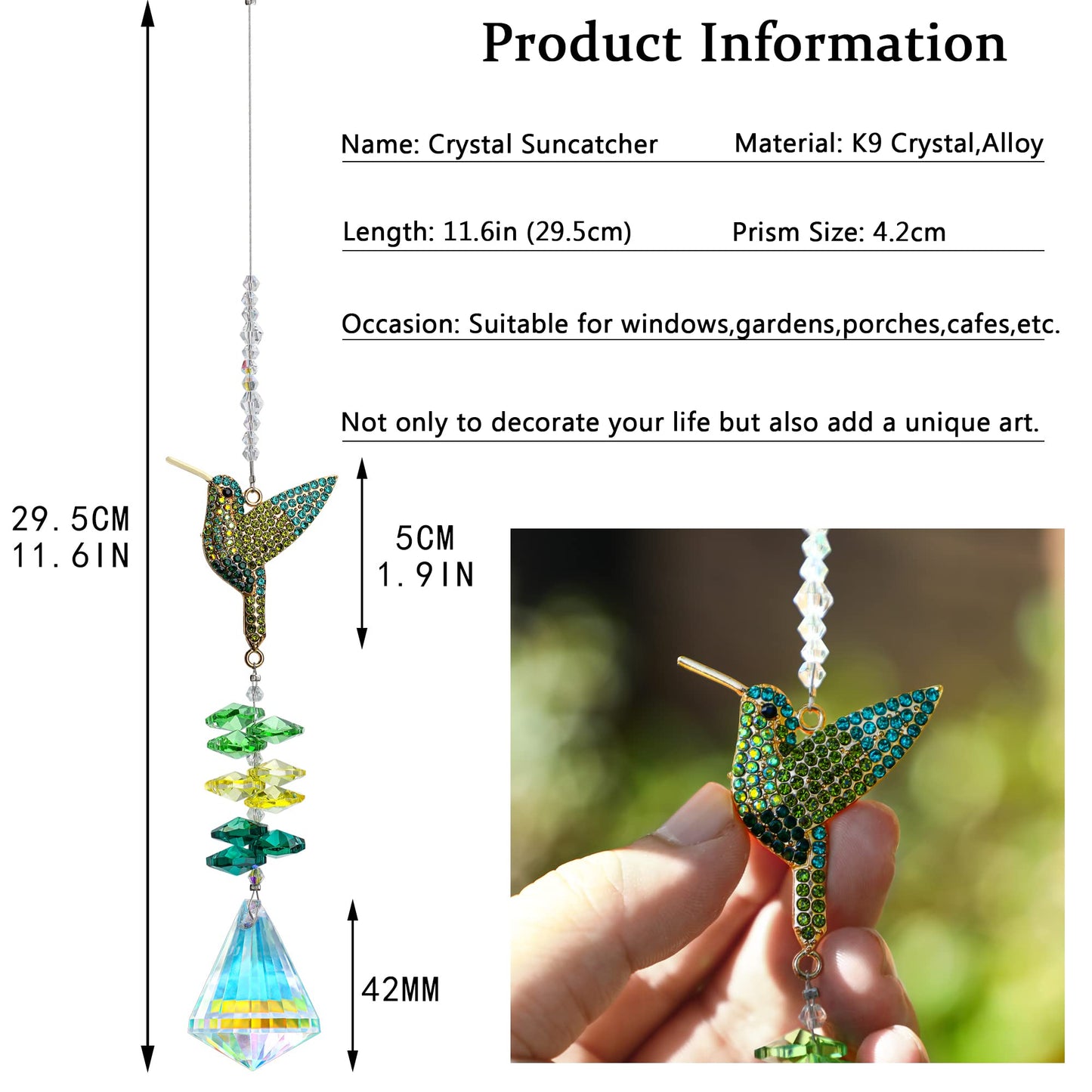 Rhinestones Hummingbird with Crystal Sun Catcher, Glass Window Hanging Ornament,Crystal Prism Suncatcher Outdoor Indoor Home Garden Party Decoration