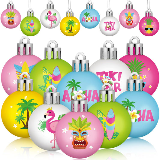 HyDren 40 Pcs Mini Summer Tree Ornaments Tropical Luau Ornaments 1.2 Inch Tiki Bar Mini Tree Decorations Pastel Flamingo Surboard Pineapple Palm Beach Tropical Ball Decorations for Holiday Party
