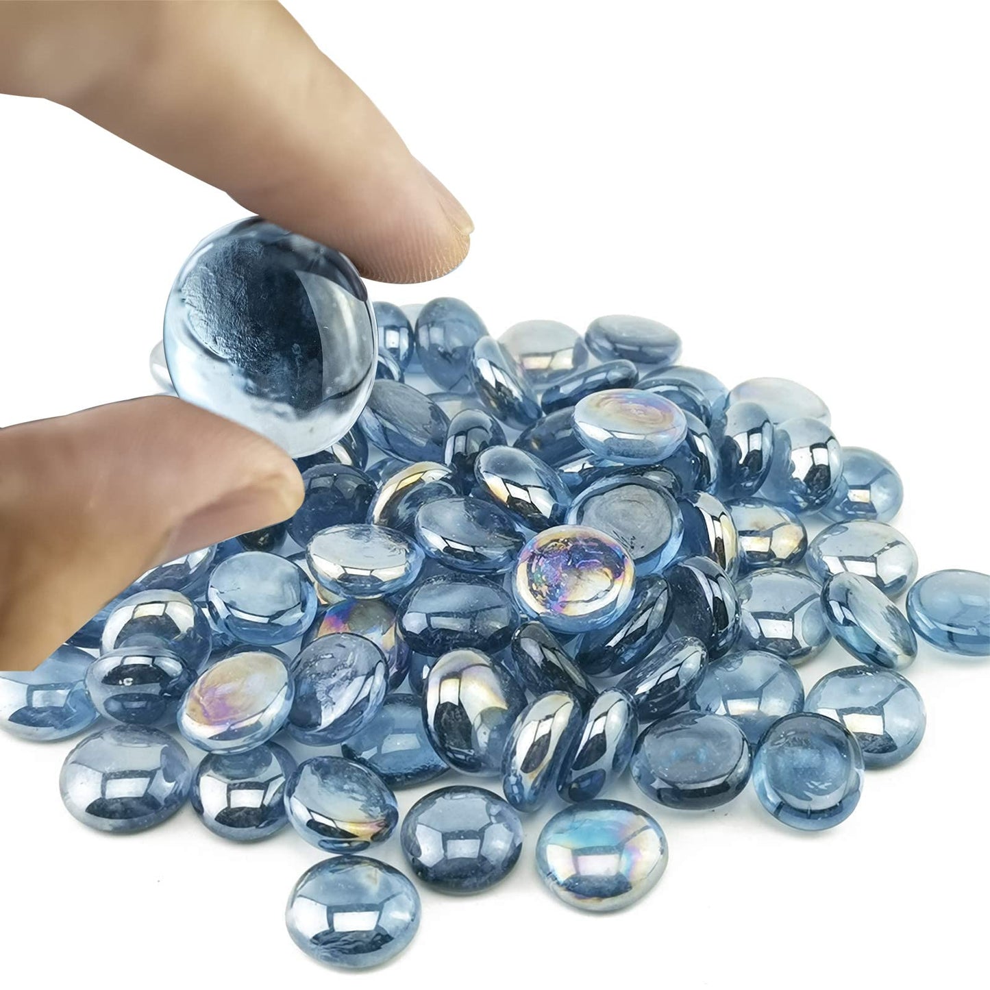 HappyFiller Flat Glass Marbles Grey Blue Gems 1 LB Approx 100 PC Fill 0.3 L Vol.Aquarium Pebbles,Fire Drop Beads,Vase Filler,Art Crafts,Candle Holder Decor Stone