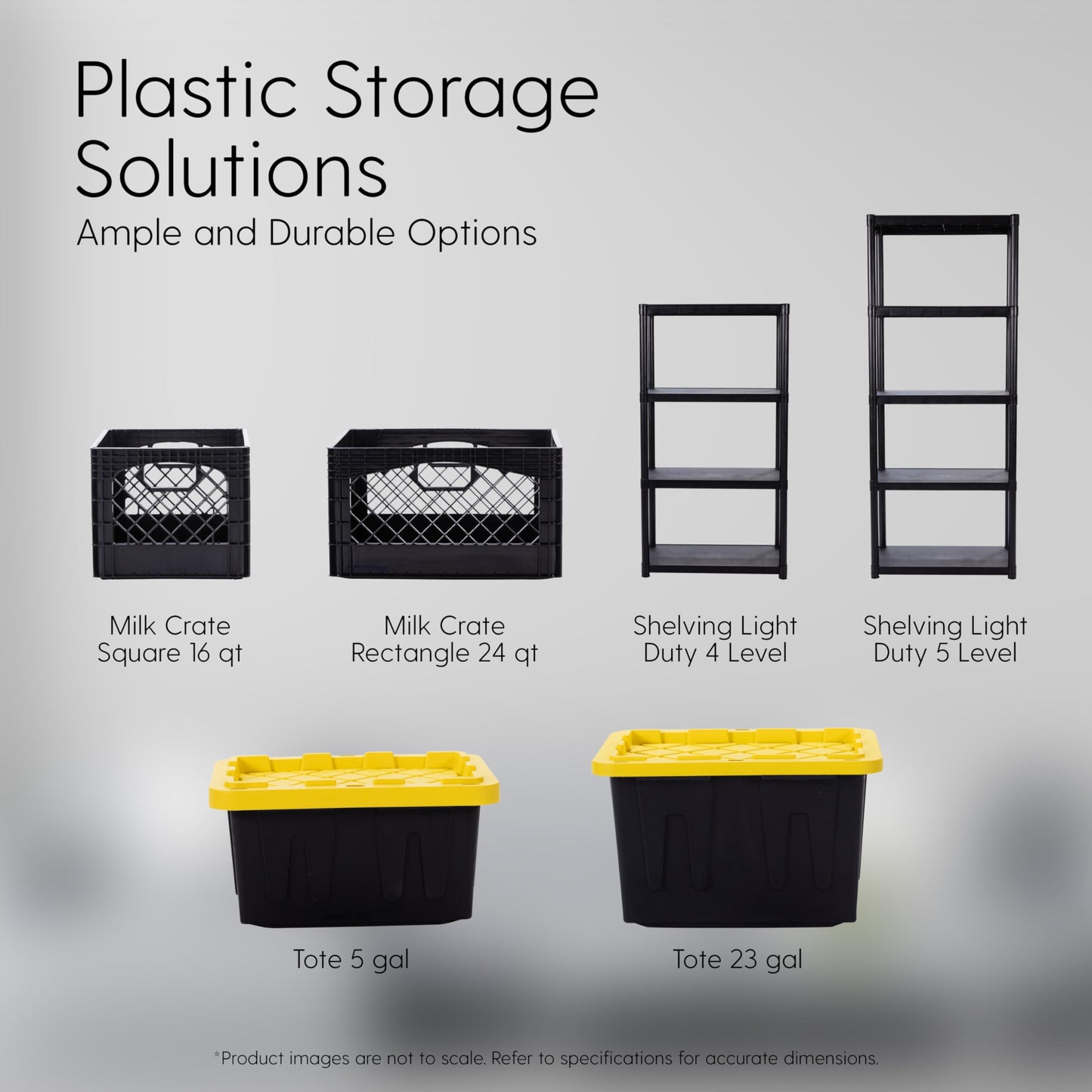 Plastic Milk Crate Storage Tote with Handles, 16-Quart Stackable Cube Organizer for Garage, Home, and Office, Made in the USA, 13" x 13" x 11" (1-Pack) - Black