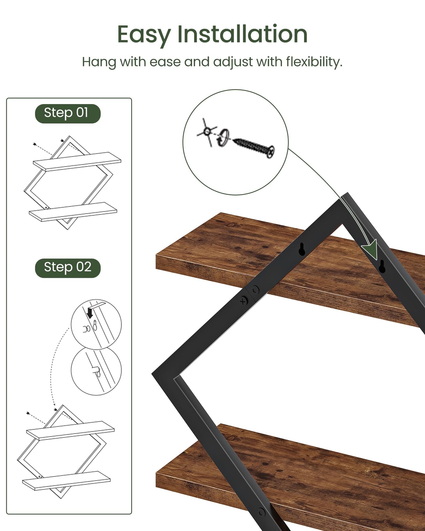 CHOEZON Floating Shelves, Set of 2 Wall Shelves, 2-Tier Hanging Shelves, Wall Shelf Set of 2, Wall Mounted Shelves, for Living Room, Bedroom, Kitchen, Office, Study, Rustic Brown TBJ01P2BF