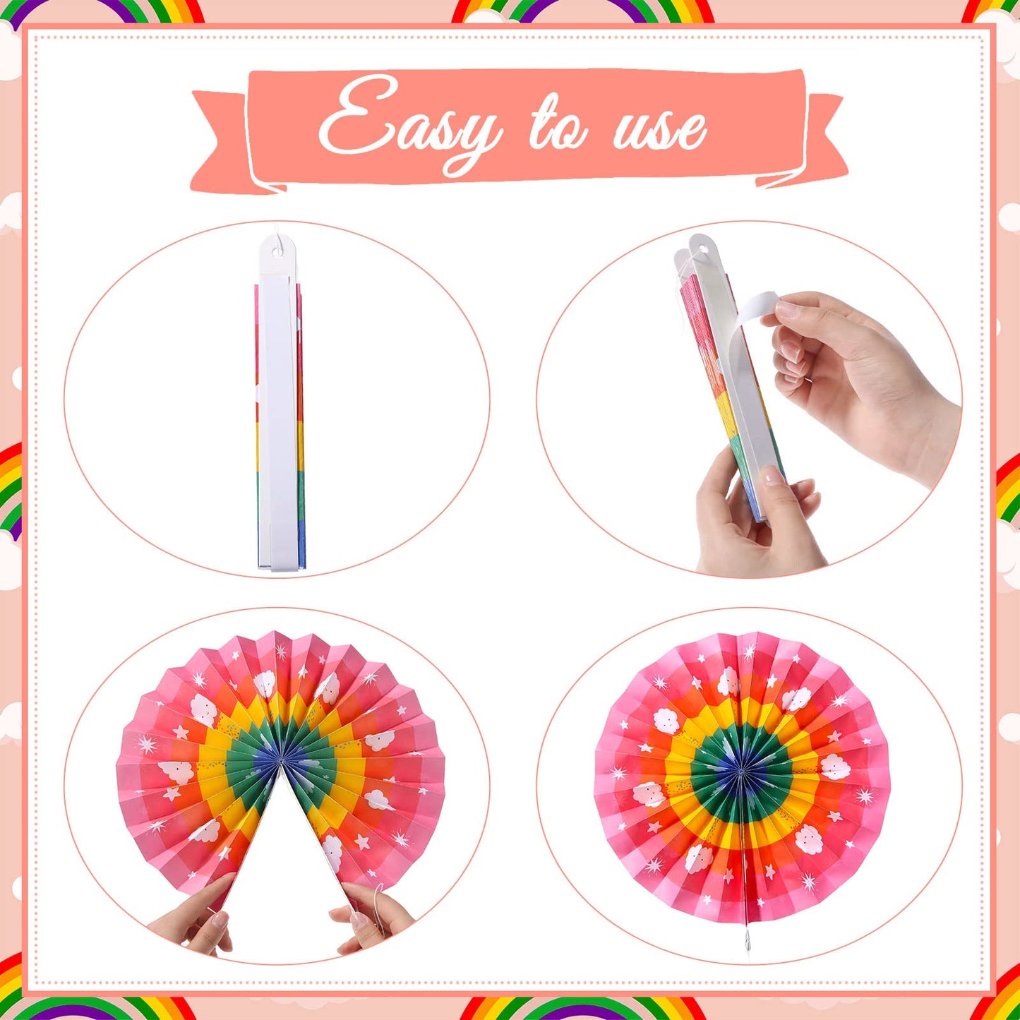 Outus 9 Pcs Rainbow Party Decorations Paper Fans Boho Classroom Bulletin Board Decor Ceiling Wall Hanging Paper Fans for Rainbow Birthday Baby Shower Party Supplies