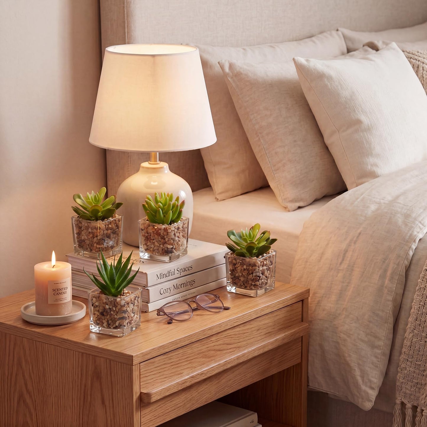 Briful Set of 4 Succulents Plants Artificial in Clear Glass Pots Small Fake Succulents Plants Mini Faux Plants Indoor for Window Sill Office Table Desk Shelf Bathroom Decor