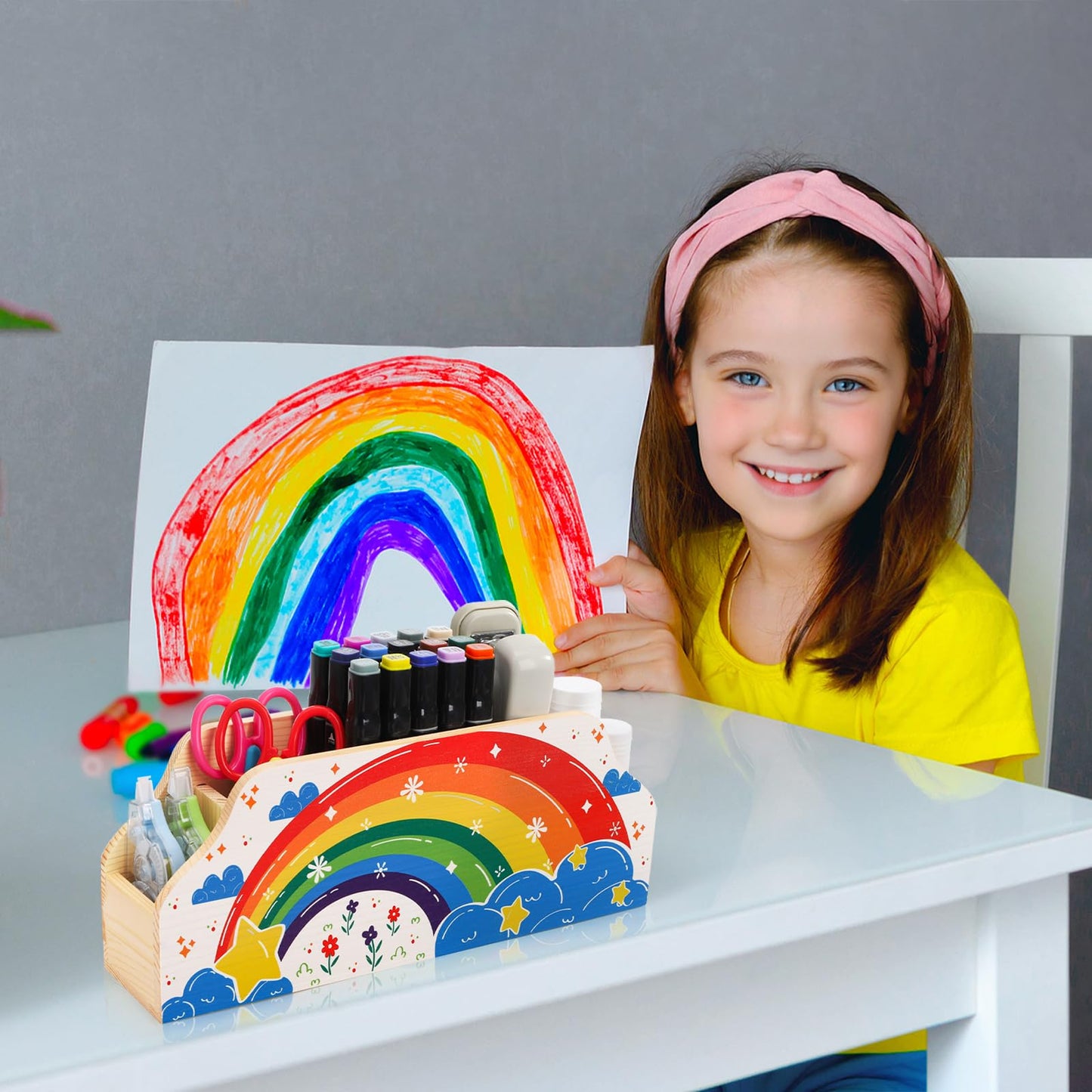 ELFULLY Rainbow Wood Pen Holder for Desk, 5-Slot Desk Organizers, Cute Pencil Holder, Office School Supplies Storage, Desktop Storage Caddy for Teacher Appreciation, Birthday Gifts, Makeup Brush