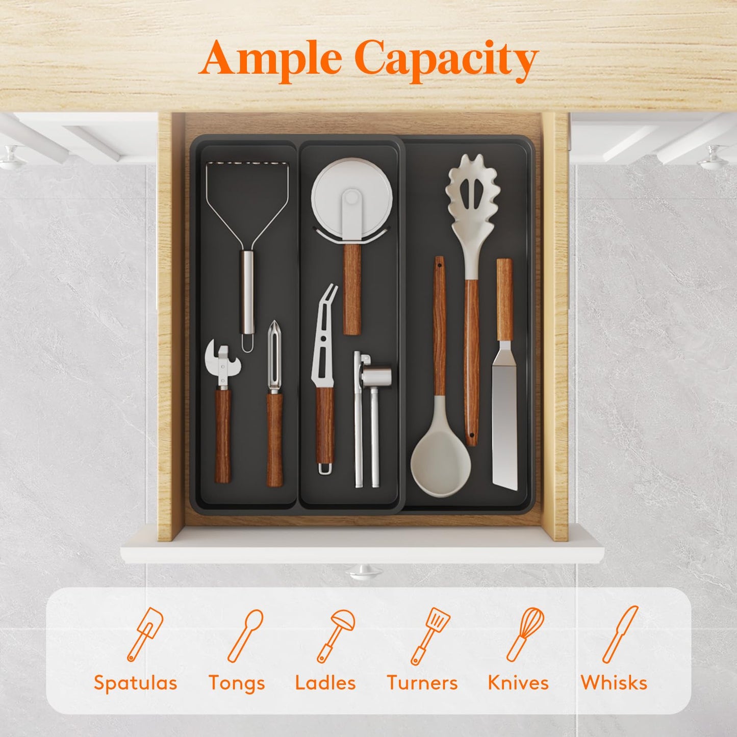Lifewit Utensil Organizer for Kitchen Drawer, Expandable Cooking Silverware Tray, Adjustable Cutlery Flatware Holder, Plastic Spatula Tools Storage Divider, 14.4 x 15.8", Black