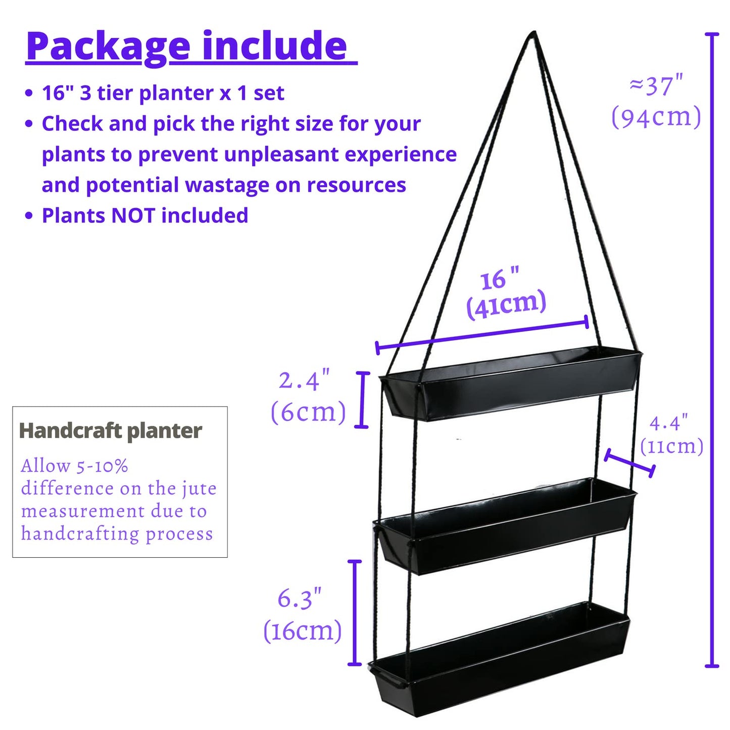 LaLaGreen 16 Inch Wall Mounted Tiered Planter for Indoor Succulent Plants, 3 Tier Modern Black Rectangular Metal Planter