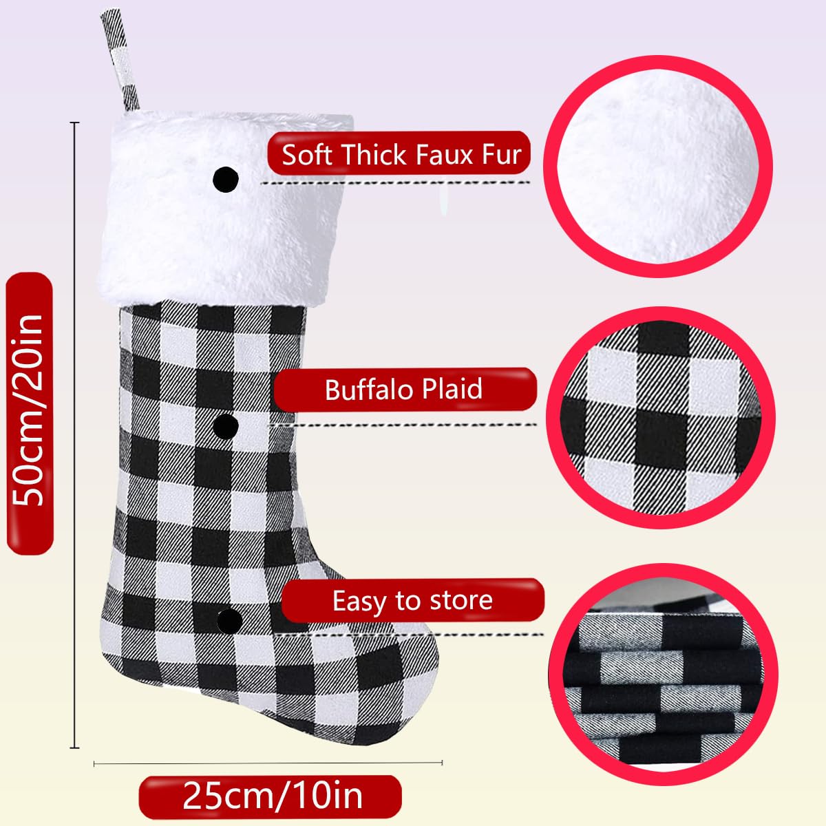 Christmas Stockings 4 Pack,Buffalo Plaid Christmas Stockings,20 Inch Classic Large White Black Plaid Christmas Stockings Decorations,Xmas Stockings Set of 4 Fireplace Family Holiday Party Decor