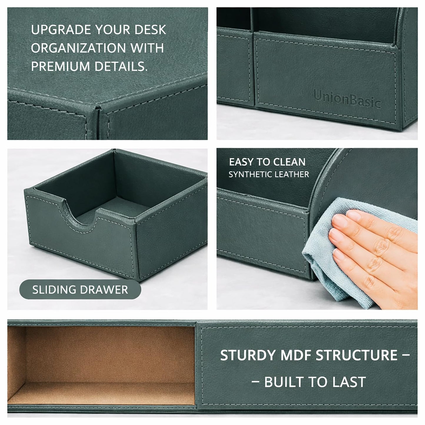 UnionBasic Desk Organizer - Multifunctional Leather Desktop Pen Holder Storage Box - Business Card/Pen/Pencil/Mobile Phone/Stationery Holder, Dark Ivy