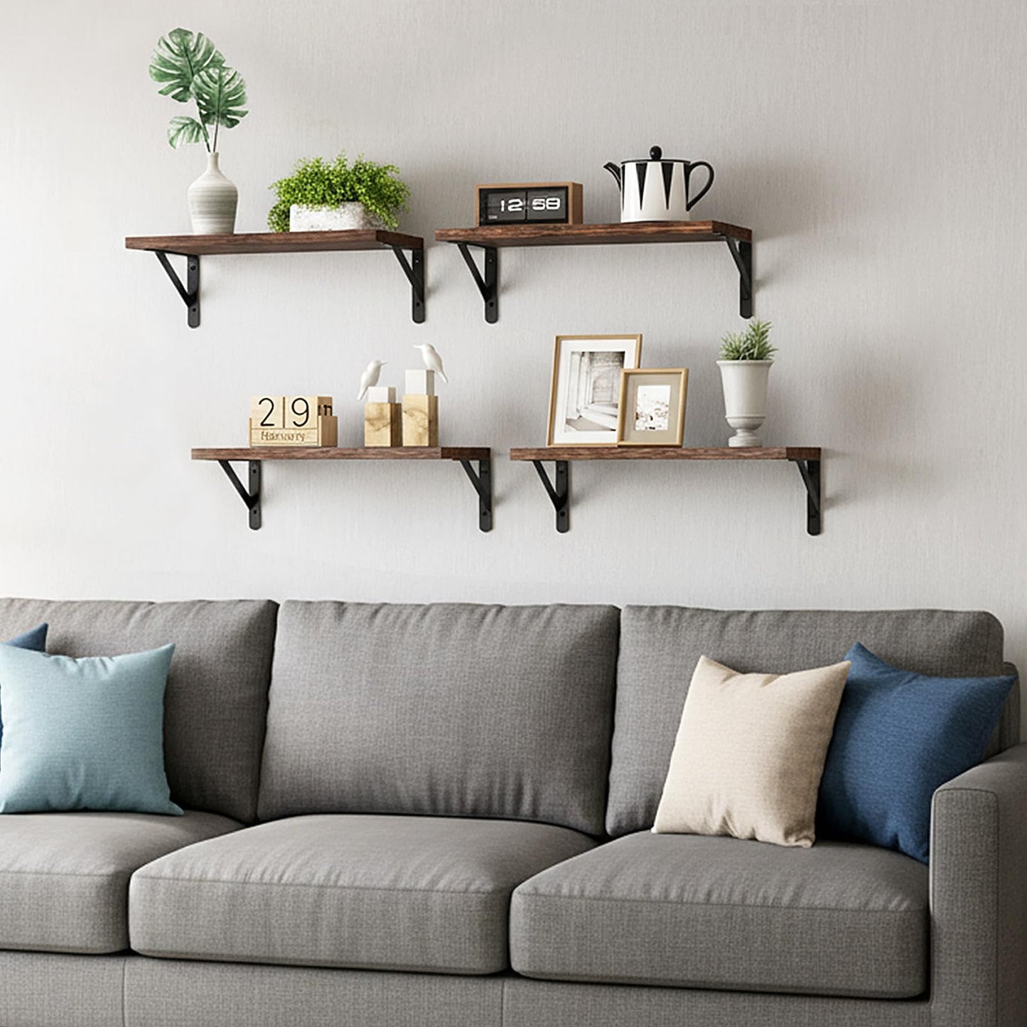 Fixwal Floating Shelves for Wall, Wood Wall Mounted Shelves for Bedroom, Bathroom, Living Room, Kitchen Storage and Decor(Brown, Set of 4, 16.5 Inch)