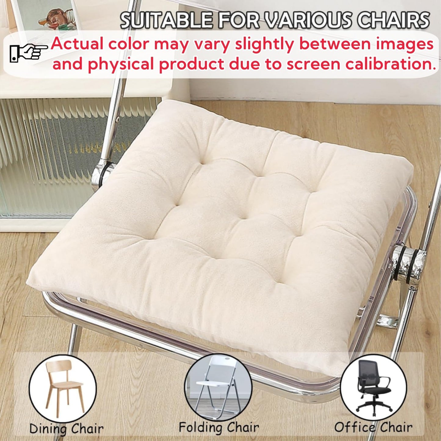 MissSoul 2 Pack Square Seat Cushion Chair Pads for Kitchen Dining Chairs, Soft Comfort Velvet Chair Mat Pillow Cushions with Ties for Office Desk Living Room Tatami 15.5", Ivory