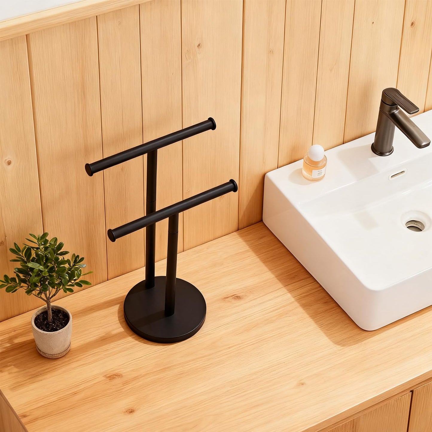 Hand Towel Holder, NEWRAIN Double Countertop Hand Towel Holder Stand, Stainless Steel Free Standing Hand Towel Rack with Heavy Base, for Bathroom Kitchen & Counter top, Matte Black
