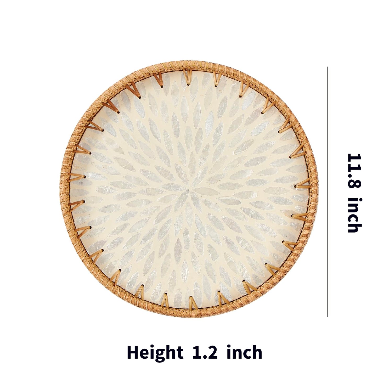 Kmelep Round Rattan Tray with Mother of Pearl Inlay, Rattan Serving Tray with Wooden Base, Decorative Wicker Basket for Table Decor, Storage and Display of Coffee Bread Food Fruit (Leaf 2)