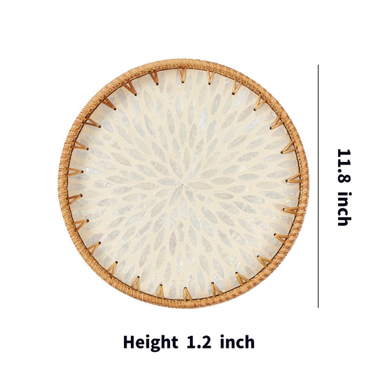 Kmelep Round Rattan Tray with Mother of Pearl Inlay, Rattan Serving Tray with Wooden Base, Decorative Wicker Basket for Table Decor, Storage and Display of Coffee Bread Food Fruit (Leaf 2)