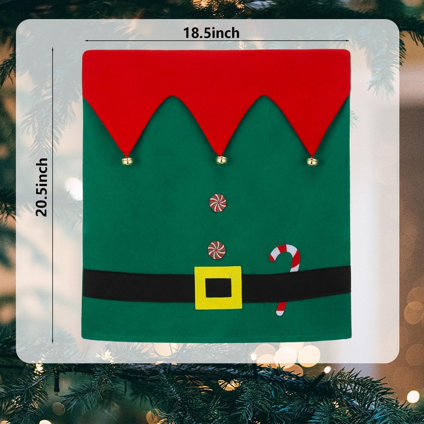 Slsxip Christmas Elf Chair Covers - Kitchen Dining Chair Back Decor with Jingle Bells, Candy Canes & Belt Buckle Design, Holiday Party Home Decorations, Set of 4