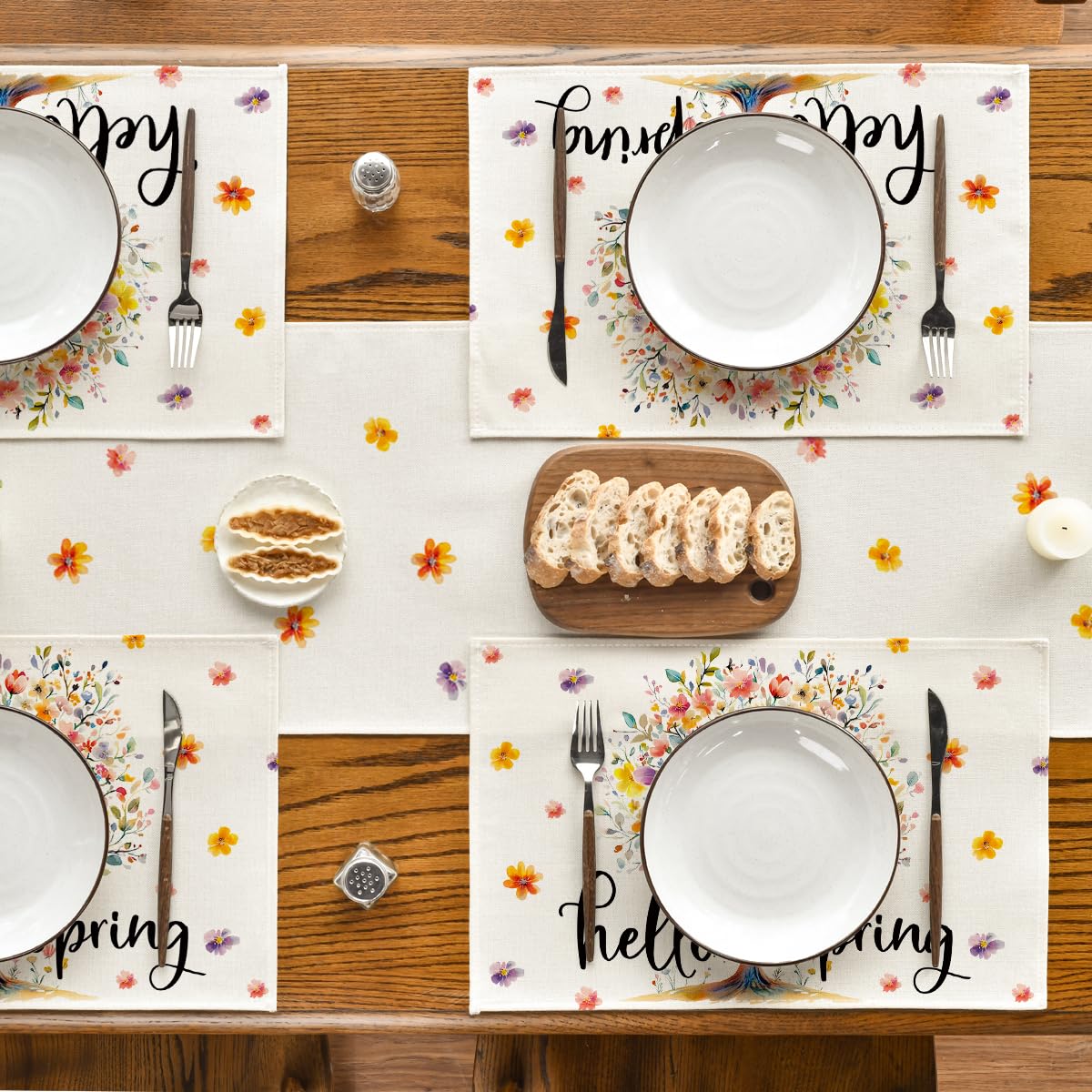 Artoid Mode Floral Tree Leaves Hello Spring Placemats Set of 4, 12x18 Inch Seasonal Summer Holiday Table Mats for Party Kitchen Dining Decoration