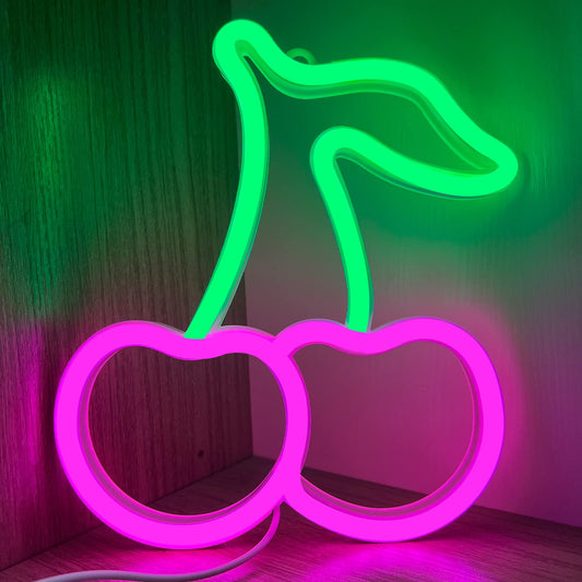 Cherry Neon Sign,Pink Green Cherries Neon Lights Cherry Neon Signs for Wall Decor,Cute Fruits LED Signs for Kids Room Restaurant Bar Fruit Shop Home