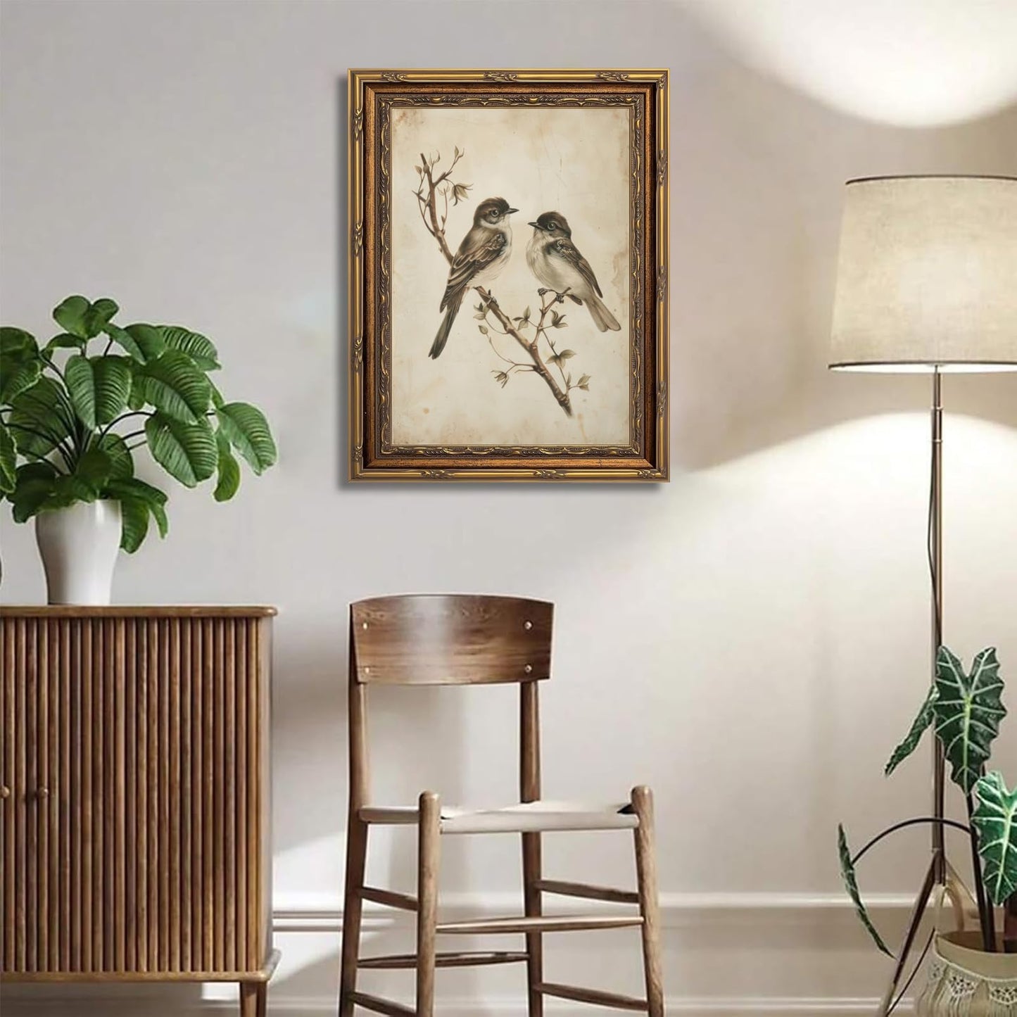 yunjulp Vintage Gold Framed Bird Wall Art, Birds in Love on a Branch Canvas Prints,Minimalist Antique Neutral Sketch Painting Picture Rustic Farmhouse Wall Decor for Bathroom Bedroom 9" x 11"