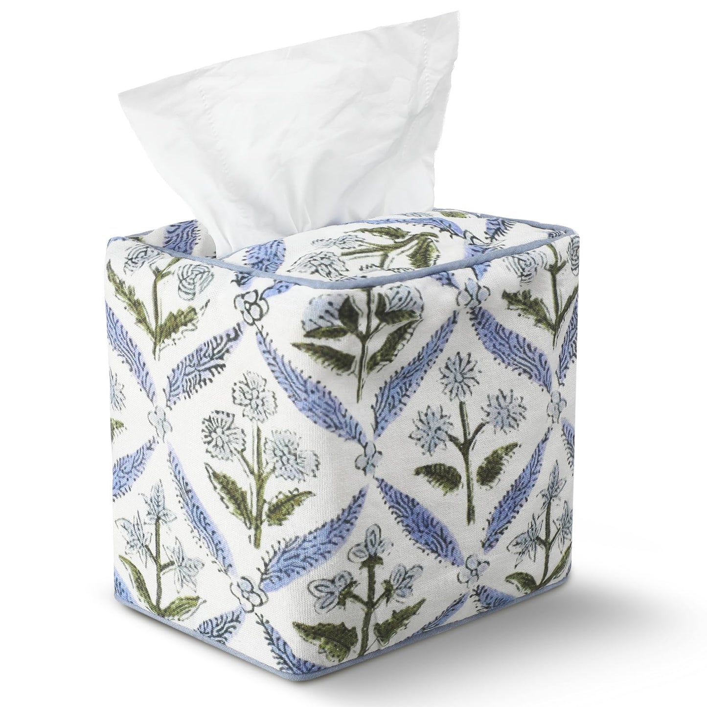 Mimorou Blue Fabric Tissue Box Cover - Floral Print Tissue Box & Decorative Square Napkin Holder Handmade Cotton for Home Bedroom Vanity Countertop Night Stands Office
