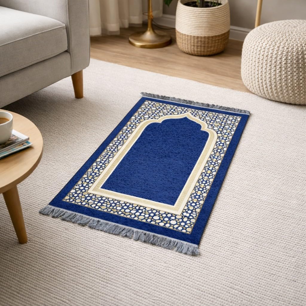 Modefa Turkish Islamic Prayer Mat - Thin Woven Chenille Sajjadah - Intricate Praying Rug Ramadan Eid Gift - Traditional Muslim Janamaz Sajada for Men Women - Geometric Selcuk Star (Royal Blue)