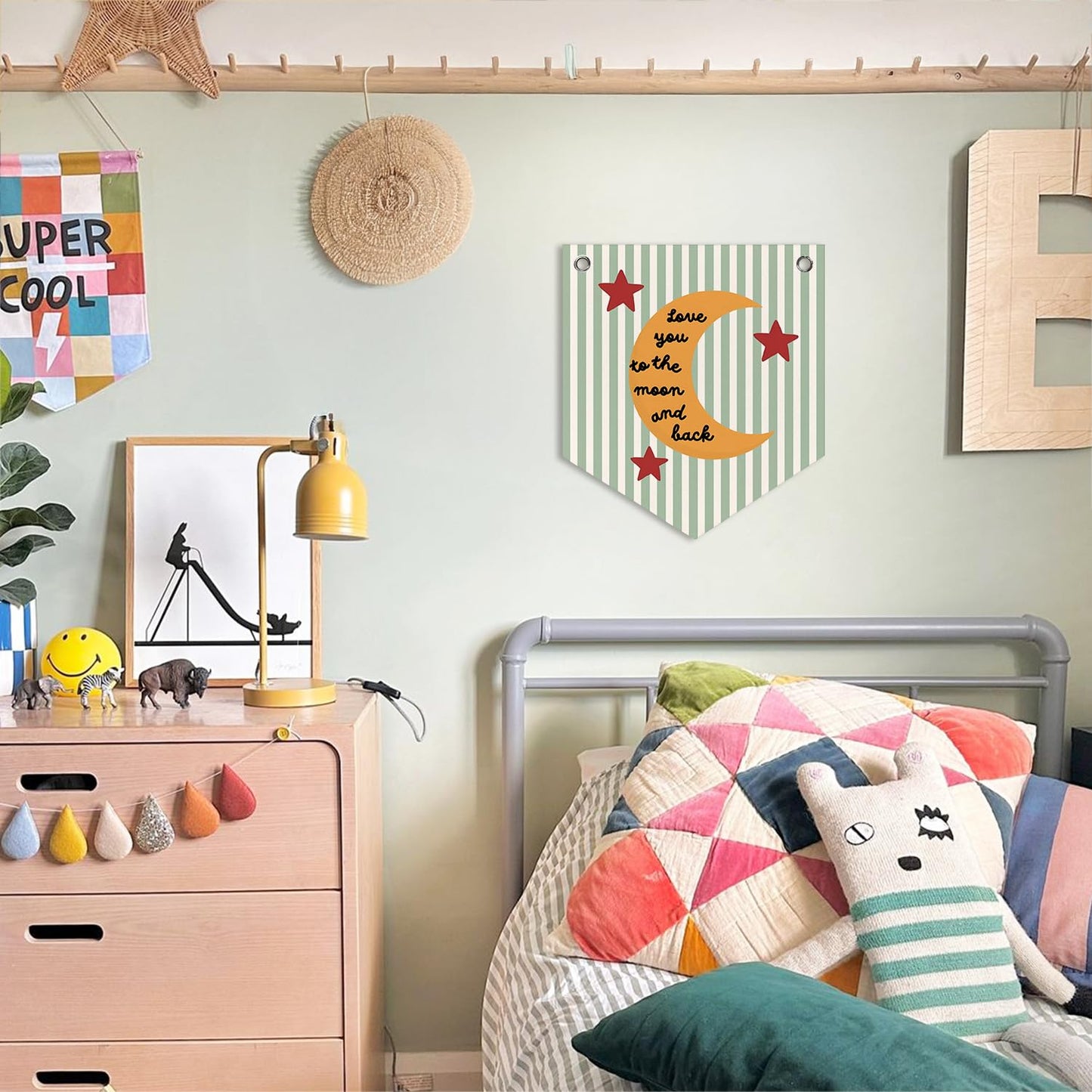 DSHFG Cute Nursery Kids Bedroom Playroom Wall Art Felt Pennant Banner, Love You To The Moon And Back Felt Banner, Kids Nursery Toddler Room Playroom Decorations, 12x14 Inch