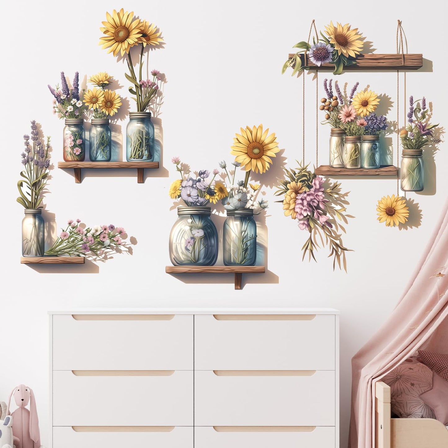 Sunflower Wall Decals 3D Flower Wall Stickers Potted Plant Floral Wall Decal Peel and Stick Flower Window Clings Vinyl Removable for Bedroom Nursery Decoration