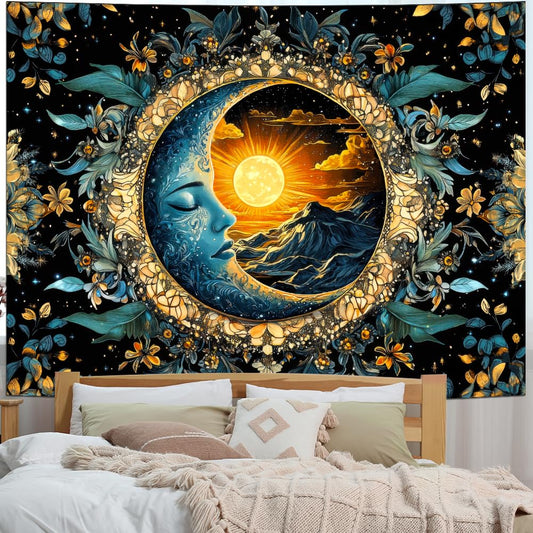 Galoker Sun and Moon Tapestry Boho Hippie Mystic Floral Tapestry Aesthetic Vintage Flower Plant Wall Tapestries Starry Night Mountain Tapestries Wall Hanging for Home Decor(59.1"x78.7")