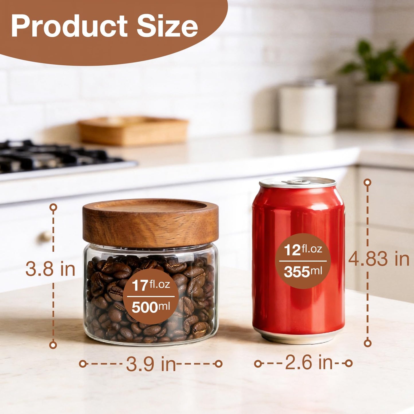 CONNOO 17oz Airtight Glass Spice Jars with Lids (6-Pack) – Includes 120 Pre-Printed Waterproof White Kitchen Labels – Thick Durable Storage for Pantry, Coffee, Sugar & Meal Prep