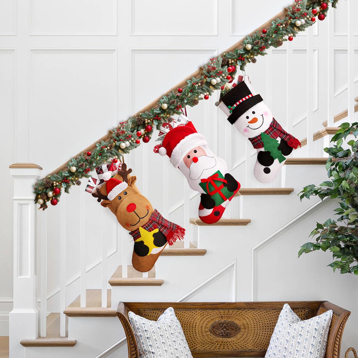 EverMerry 3 PCS 18" Christmas Stocking, Large Xmas Christmas Stockings Santa, Snowman, Reindeer Character for Holiday Party Fireplace Home Decorations