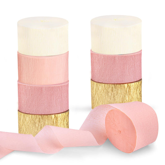 Riqiaqia Streamers Party Decorations,8 Rolls Pink Gold Crepe Paper Streamers for Wedding, Birthday, Bachelorette, Bridal Showerand Baby Shower Girl