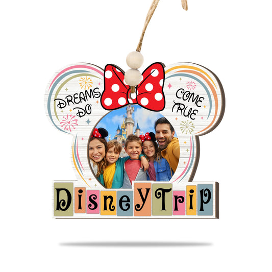 Family Vacation Trip Wooden Photo Ornament – Ears with Bow Design, “Dreams Do Come True” Family Vacation Magic Kingdom Keepsake, Rustic Holiday Decoration with Photo Frame