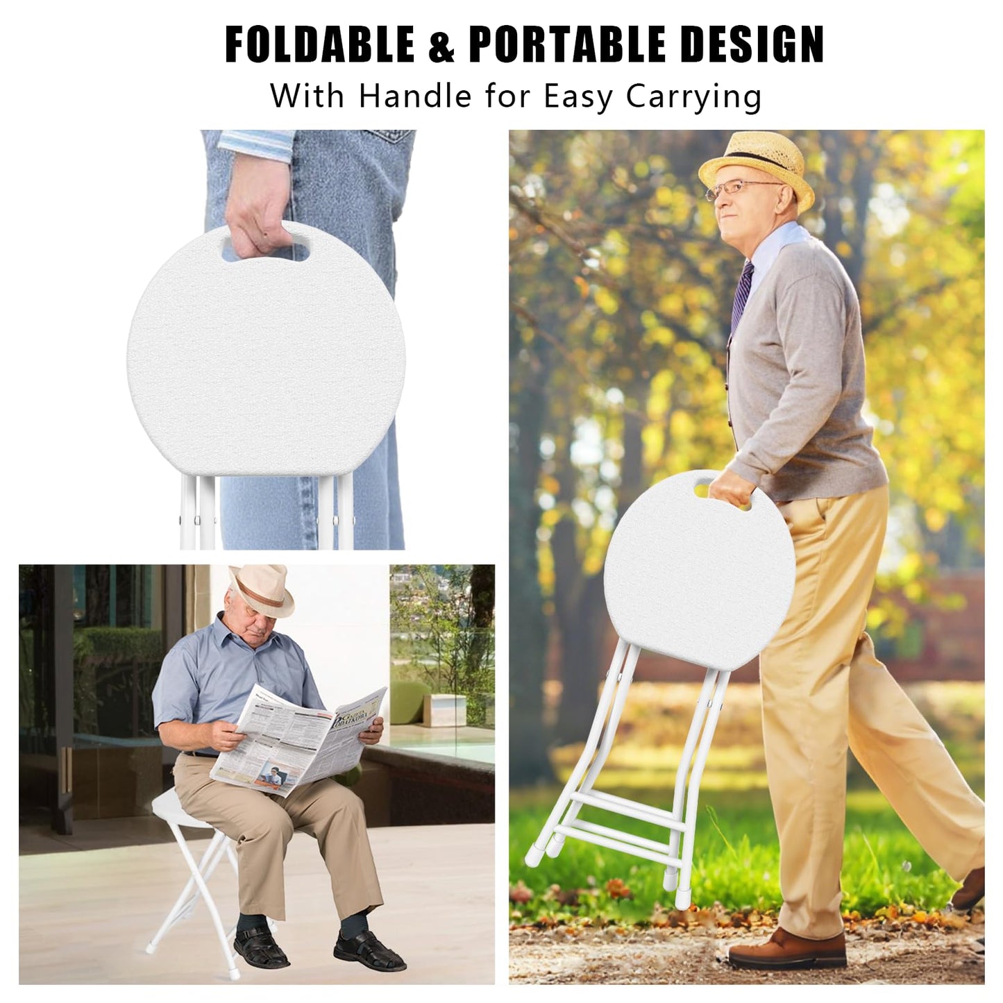 IWDOO Folding Stool, 18 Inch Foldable Stool with Handle & Steel Frame, Folding Bar Stools, 500lbs Sturdy Foldable Lightweight Metal Chair for Camping, Indoor and Outdoor, White
