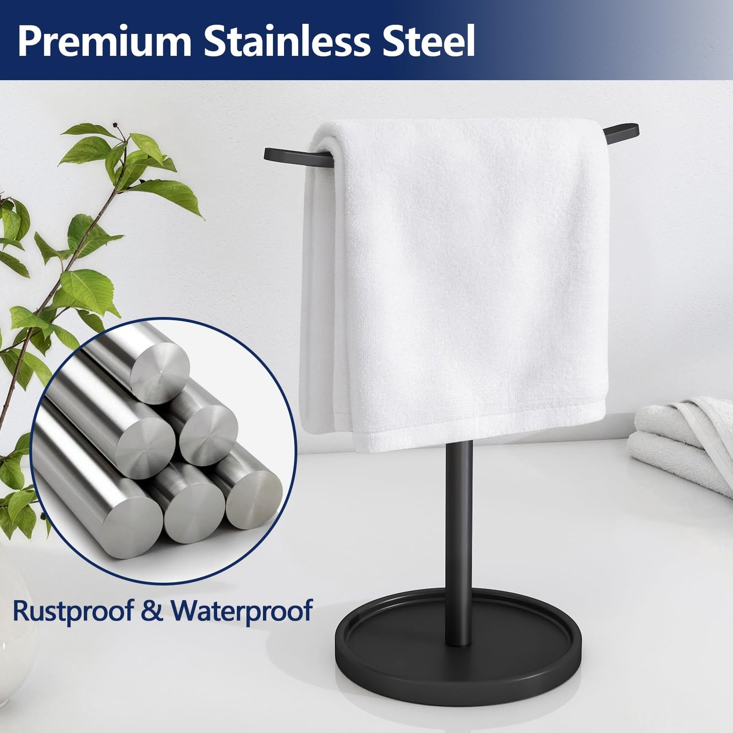 STWWO Hand Towel Holder, Stainless Steel Towel Holder Stand for Bathroom, Kitchen Countertop, T-Shaped Hand Towel Rack Stand, Black