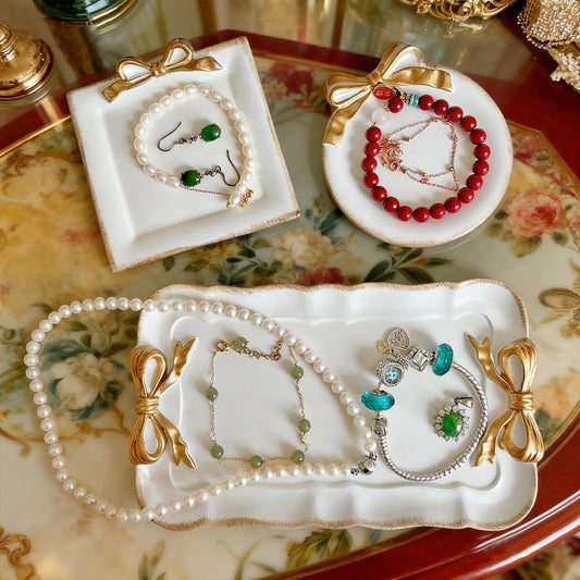 Qulinshine Vintage Resin Jewelry Tray Bow Decorative Storage Trinket Dish Tray for Rings, Bracelets, Earrings, Keys, Jewelry Dish Bowl Resin Plate for Room Decor Aesthetic Vanity, Gifts for Women - C
