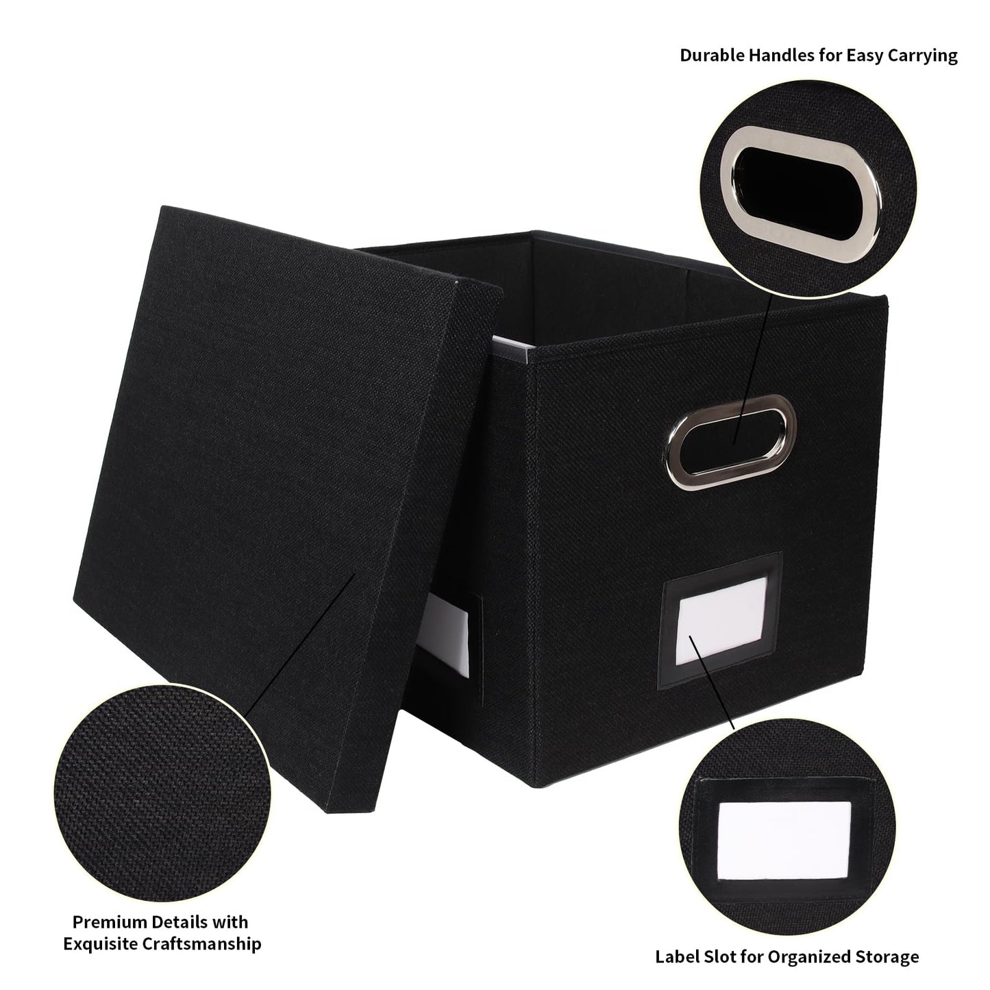 Tcbelosion Portable File Organizer Box with Lid, Filing Box with Handle, Multi-Label Slots, Perfect for Office/Home/Decor (Black)