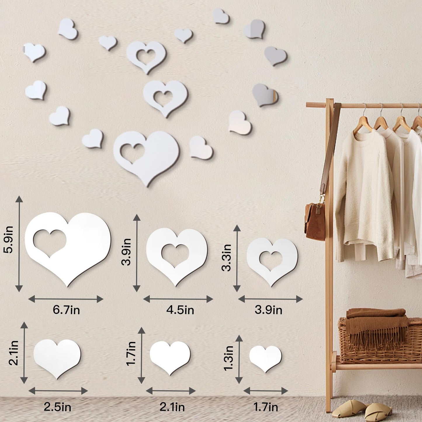 STNRST-IN 25 PCS Mirror Wall Decor, Acrylic Removable Heart Shape Mirror Stickers, DIY Self-Adhesive Wall Decor for Home Living Room Bedroom Bathroom Kitchen Sofa TV Background Decoration(Silver)