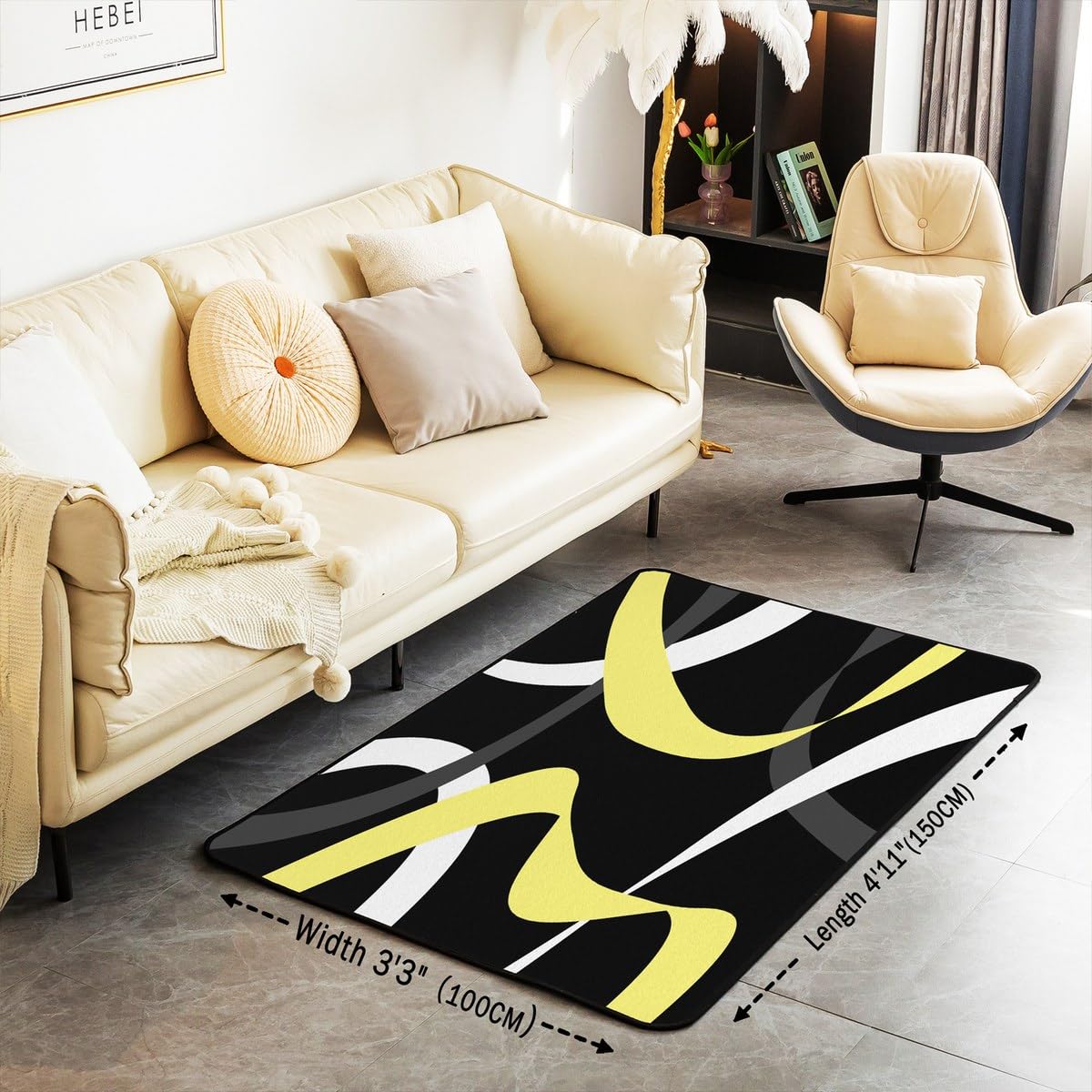 Erosebridal Gray Black Gold Carpet Grey White Striped Abstract Indoor Floor Mat 4'11" x 3'3" for Kids Adults Geometric Stripes Area Rug Modern Fashion Decorative Rug Room Decor