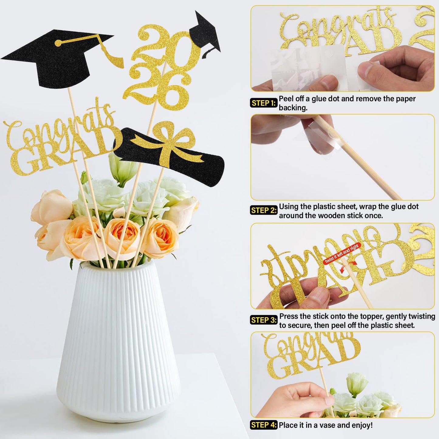 Graduation Decorations 2026, 16PCS Graduation Centerpieces for Tables, Class of 2026 Graduation Party Decorations, Gold and Black Grad Party Decors Table Toppers Sticks