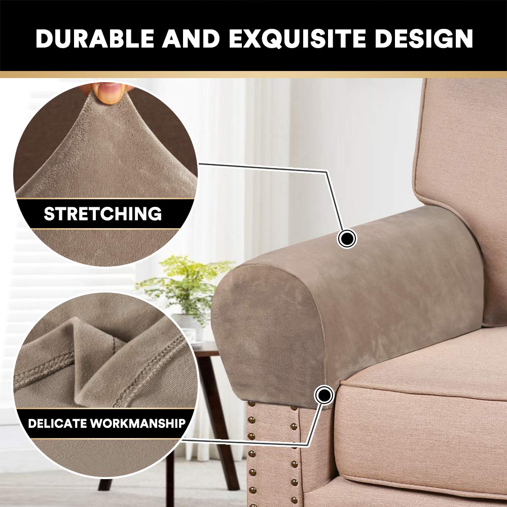 PrinceDeco 2 Pack Thick Velvet Stretch Armrest Covers for Chairs and Sofas Armchair Covers for Arms Couch Arm Cover Armrest Cover for Sofa Non Slip, Taupe
