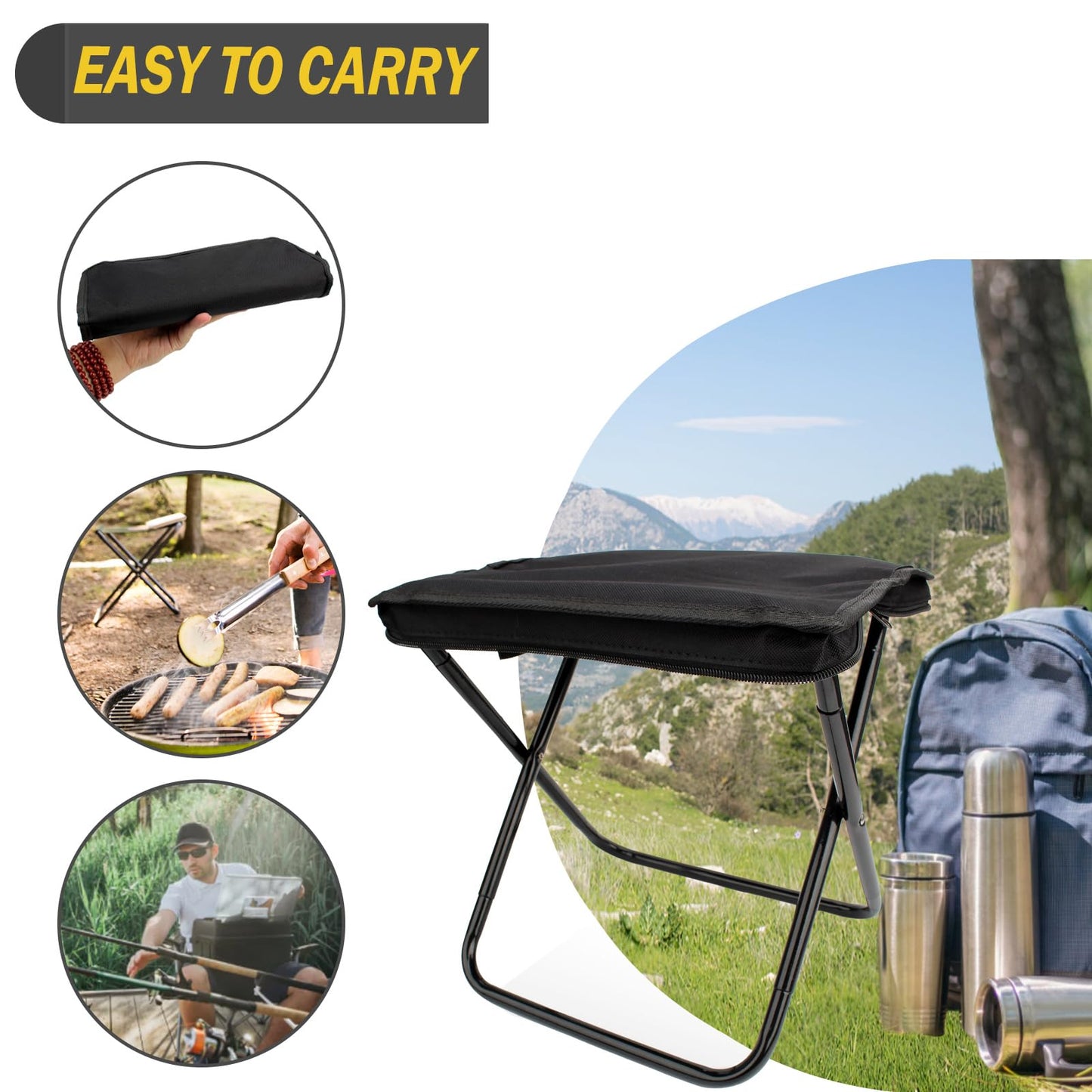 SUNPRO Camping Stool, Portable Folding Stool with Carry Bag, 12in Portable Folding Chair 1.6Lbs Collapsible Camp Stool Outdoor Footstool for Travel Walking Hiking Fishing Picnic Barbecue (Black)