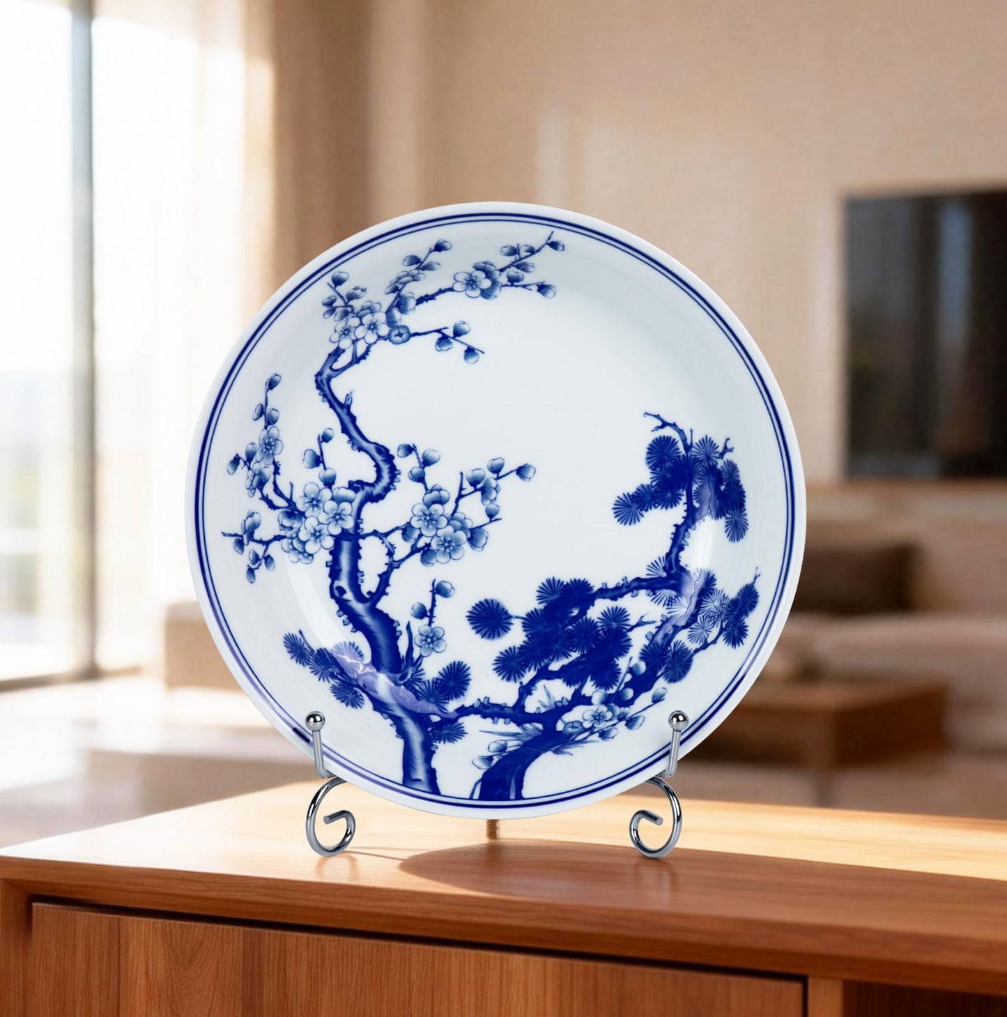 KAMMAK Decorative Plates for Display, White and Blue Ceramic Plate Decor with Stand, Handmade Art Porcelain Ornament for Table, Living Room, Kitchen, Office, Perfect 8in Chinese Style Dish Gift（954N）