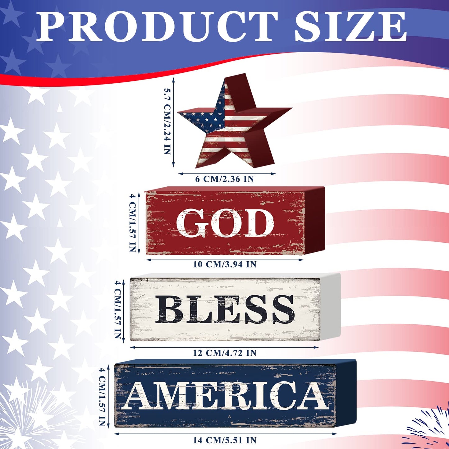 Huquary 4 Pcs 4th of July Decorations Patriotic Memorial Day Table Sign Independence Day Table Wood Decorations Red White Blue Block for Office Tiered Tray Home Shelf 250th Anniversary(Flag)