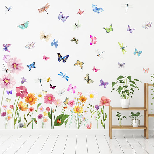 80 Pieces Flowers Butterflies Wall Decals Chrysanthemums Dragonflies Wall Sticker Flowers Peel and Stick Art Removable PVC Garden Decal for Kids Room Nursery Classroom Bedroom Decor, Colorful