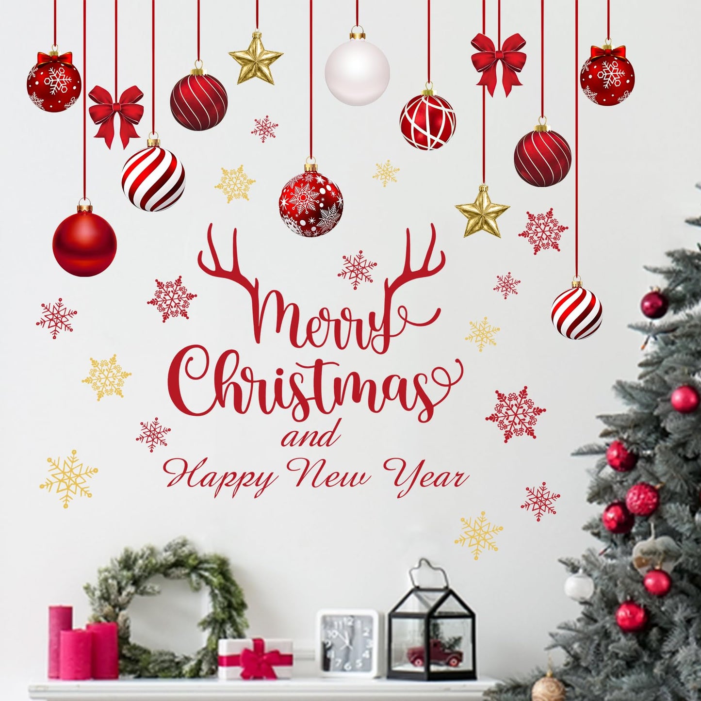 Mfault Merry Christmas and Happy New Year Wall Decals Stickers, Red Gold Xmas Balls Snowflake Decorations Bedroom Art, Winter Holiday Star Bow Antler Home Kitchen Decor