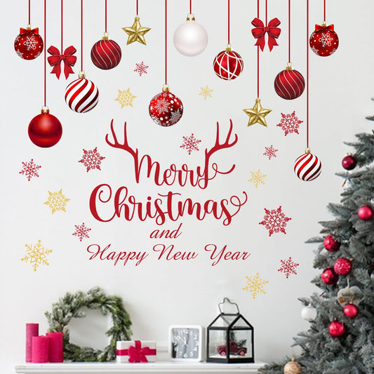 Mfault Merry Christmas and Happy New Year Wall Decals Stickers, Red Gold Xmas Balls Snowflake Decorations Bedroom Art, Winter Holiday Star Bow Antler Home Kitchen Decor